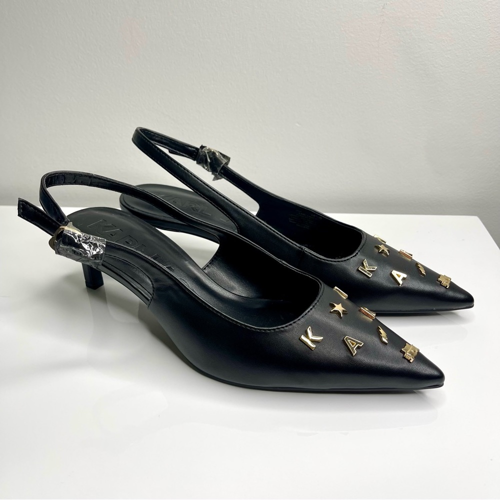 Karl Lagerfeld Paris Black Pointed Kitten Heels with Gold Accents Size 8M - Picture 2 of 11